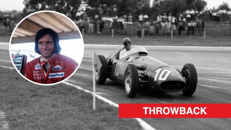 Brazilian driver Chico Landi driving a Maserati at the 1956 Formula 1 Argentinian Grand Prix, inset, McLaren driver Emerson Fittipaldi at the 1974 ...