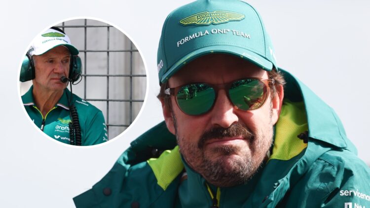 Aston Martin driver Fernando Alonso at the Dutch Grand Prix, inset, Adrian Newey at the Monaco Grand Prix