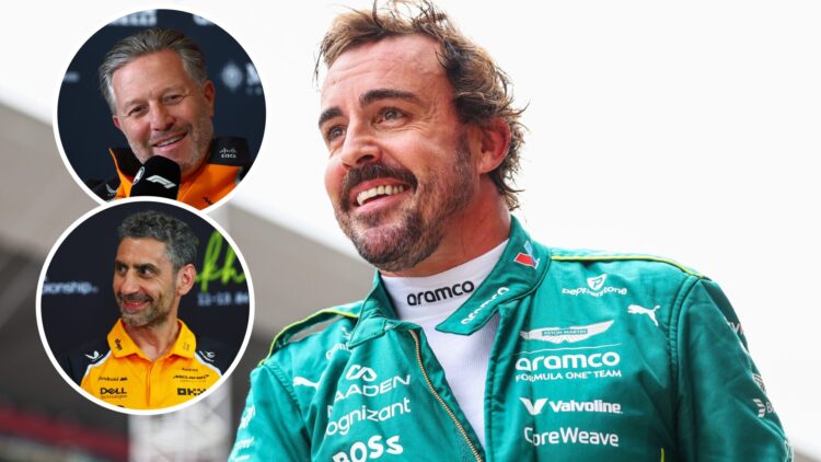 Fernando Alonso walking through the pit lane with a smile on his face, with Zak Brown and Andrea Stella smiling in McLaren press conferences.