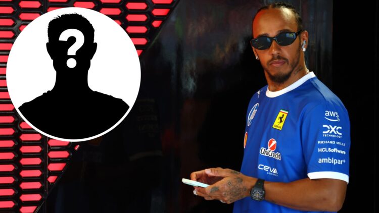 Ferrari driver Lewis Hamilton in the Monza paddock before the 2025 F1 Italian Grand Prix with a mystery person inset