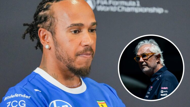 Ferrari driver Lewis Hamilton speaks to the media at Monza ahead of the 2025 F1 Italian Grand Prix with an inset of Alpine executive adviser Flavio...