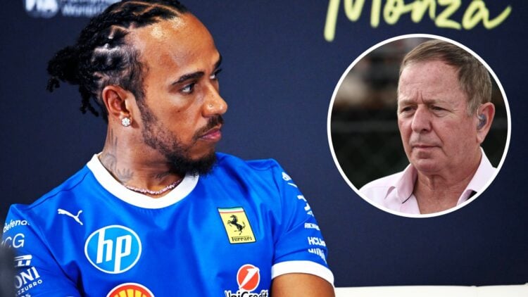 Ferrari driver Lewis Hamilton in the pre-race Monza press conference at the 2025 F1 Italian Grand Prix with an inset of Martin Brundle