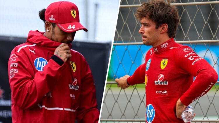 Ferrari driver Lewis Hamilton arrives in the Zandvoort paddock and Charles Leclerc reacts after crashing out of the 2025 F1 Dutch Grand Prix