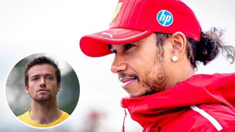 Ferrari driver Lewis Hamilton in the Zandvoort paddock before the 2025 F1 Dutch Grand Prix with an inset of Jolyon Palmer