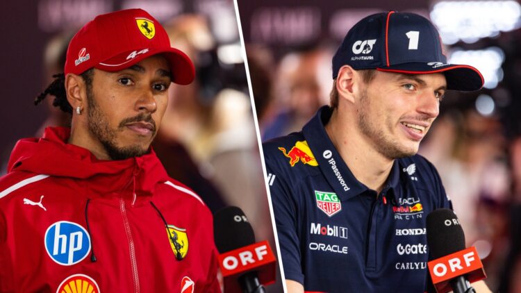 Ferrari's Lewis Hamilton and Red Bull's Max Verstappen speak to the media in Baku after the 2025 F1 Azerbaijan Grand Prix