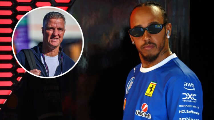 Ferrari driver Lewis Hamilton in the Monza paddock before the 2025 F1 Italian Grand Prix with an inset of Ralf Schumacher