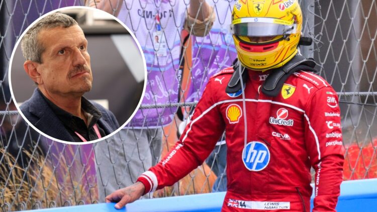 Ferrari driver Lewis Hamilton looks on after crashing out of the 2025 F1 Dutch Grand Prix with an inset of Guenther Steiner