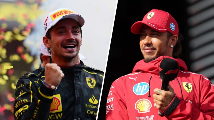 Ferrari driver Charles Leclerc celebrates winning the 2024 F1 Italian Grand Prix and Lewis Hamilton is interviewed at the 2025 Dutch GP
