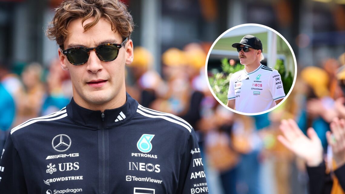 George Russell walking through the pit lane ahead of the 2025 Azerbaijan Grand Prix, with Valtteri Bottas in the F1 paddock in the overlay image.