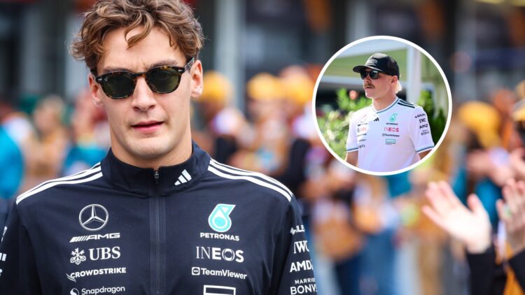 George Russell walking through the pit lane ahead of the 2025 Azerbaijan Grand Prix, with Valtteri Bottas in the F1 paddock in the overlay image.