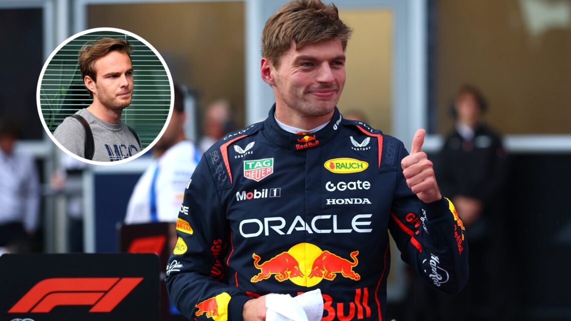 Max Verstappen celebrating his win at the 2025 Azerbaijan Grand Prix, with Giedo van der Garde walking through the F1 paddock during a practice ses...