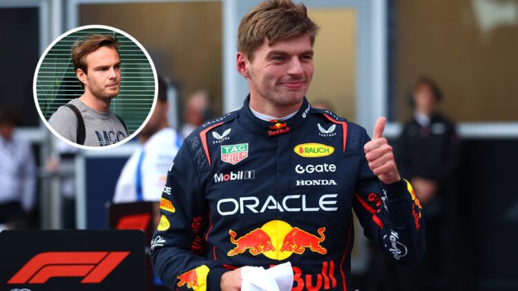 Max Verstappen celebrating his win at the 2025 Azerbaijan Grand Prix, with Giedo van der Garde walking through the F1 paddock during a practice ses...