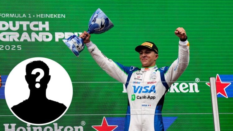 Racing Bulls driver Isack Hadjar celebrating on the podium at the 2025 Dutch Grand Prix, inset Mystery