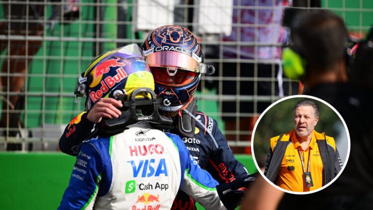 Max Verstappen of Red Bull embraces Isack Hadjar of Racing Bulls; inset of McLaren CEO Zak Brown