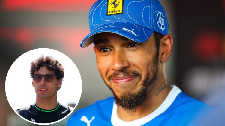Ferrari driver Lewis Hamilton speaks to the media at the 2025 Italian Grand Prix, inset Gabriel Bortoleto
