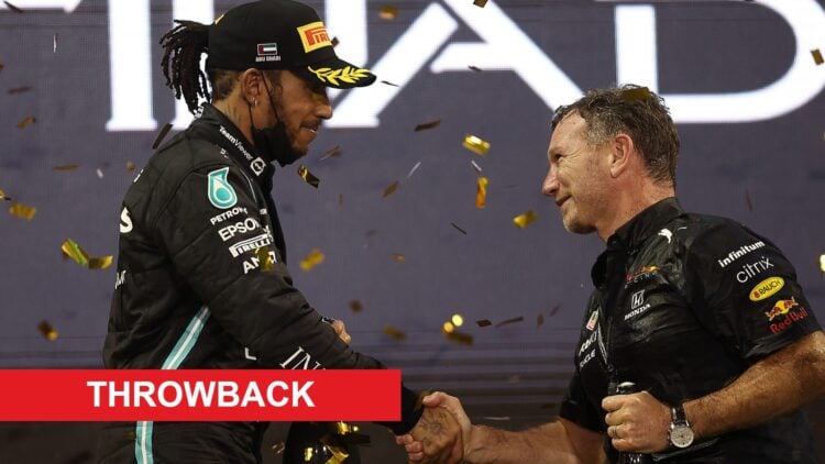 Christian Horner and Lewis Hamilton shake hands on the podium after the 2021 Abu Dhabi Grand Prix, inset Throwback