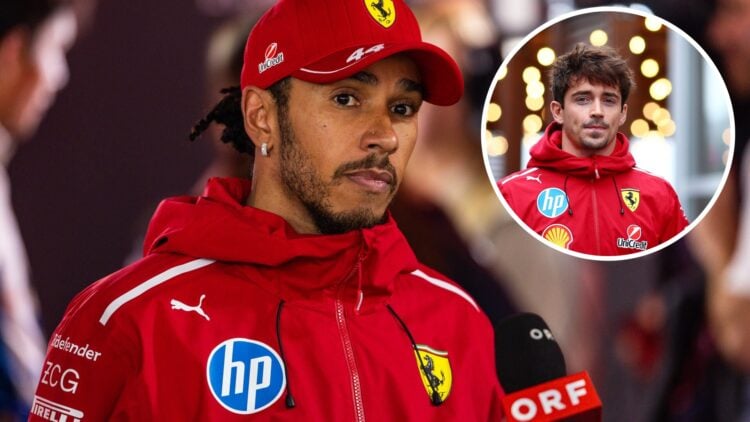 Ferrari driver Lewis Hamilton speaks to the media after the 2025 F1 Azerbaijan Grand Prix, inset Charles Leclerc