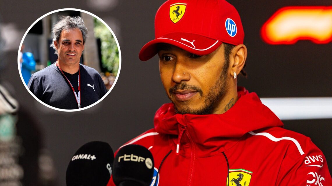 Lewis Hamilton of Ferrari speaks in an interview at the Azerbaijan Grand Prix; inset of Juan Pablo Montoya