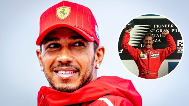 Lewis Hamilton of Ferrari smiles; inset of Michael Schumacher on the podium in 1996