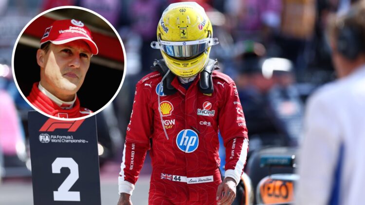 Lewis Hamilton of Ferrari walks with his helmet on in parc ferme; inset of Michael Schumacher