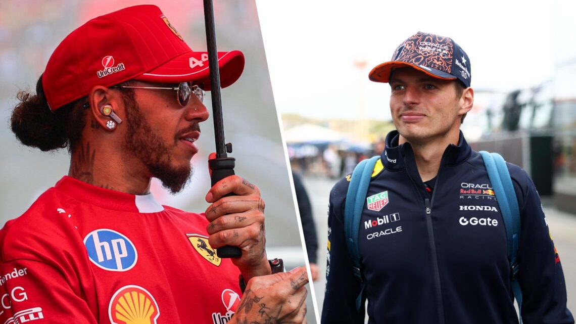 Split image of Ferrari driver Lewis Hamilton (L) and Red Bull driver Max Verstappen (R)
