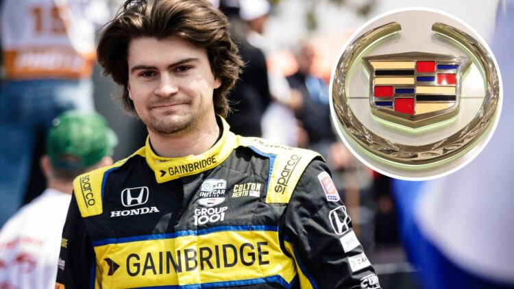 Colton Herta pictured during the 2023 IndyCar Grand Prix of Long Beach, inset Cadillac logo