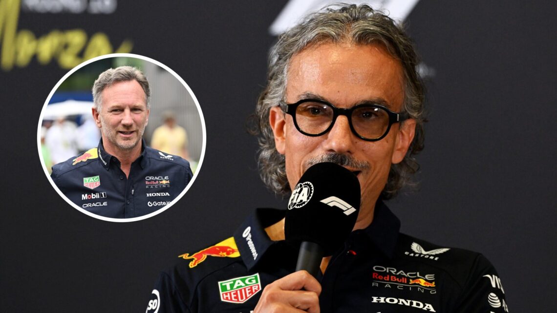 Laurent Mekies of Red Bull speaks in a press conference at Monza; inset of Christian Horner