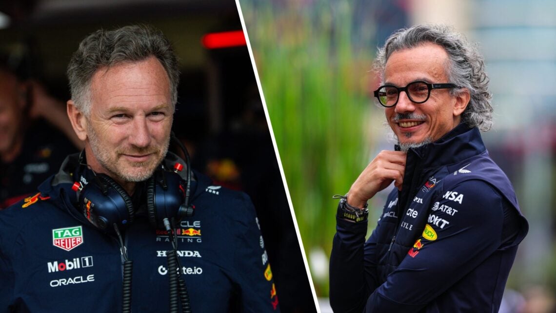 Christian Horner stands in the Red Bull garage (L); Laurent Mekies stands in the Azerbaijan Grand Prix paddock (R)