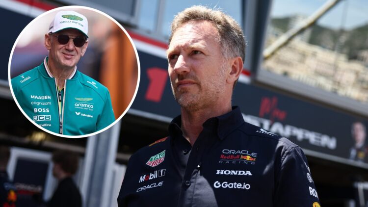 Red Bull team principal Christian Horner walking down the pit lane at the 2025 Monaco Grand Prix, inset Adrian Newey
