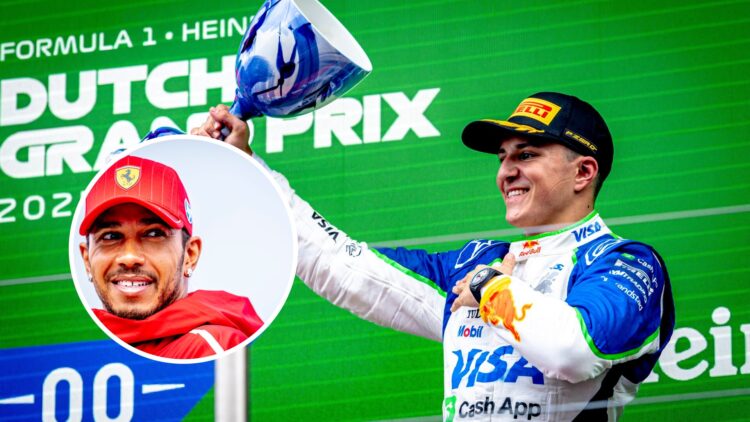Racing Bulls driver Isack Hadjar on the podium at the Dutch Grand Prix, inset, Ferrari driver Lewis Hamilton
