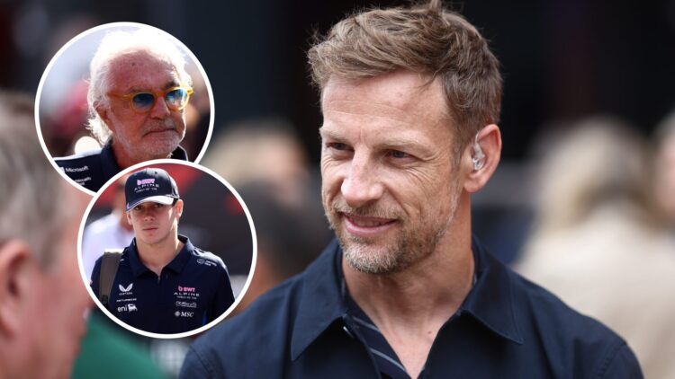 Jenson Button talking to Sky Sports F1 in the F1 paddock, with Franco Colapinto and Flavio Briatore walking through the F1 paddock wearing Alpine g...