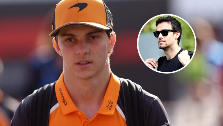 Oscar Piastri walking through the F1 paddock in McLaren team gear, with Jolyon Palmer wearing sunglasses in the overlay image