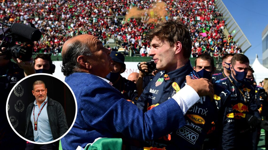 Antonio Perez embraces Max Verstappen of Red Bull; inset of Jos Verstappen