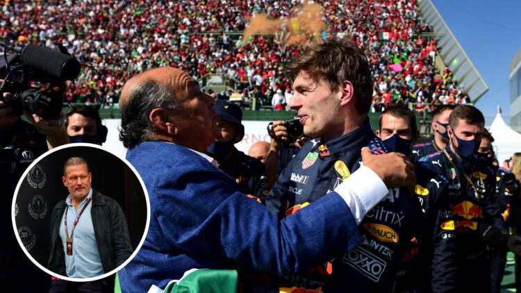Antonio Perez embraces Max Verstappen of Red Bull; inset of Jos Verstappen