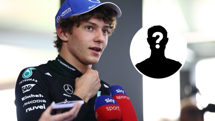 Mercedes driver Kimi Antonelli speaking to the media at the Canadian Grand Prix with a mystery image overlay image.