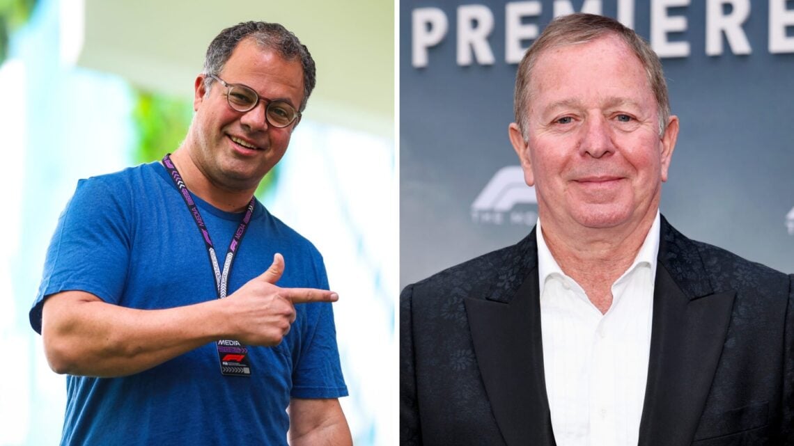 Ted Kravitz points in the Formula 1 paddock (L); Martin Brundle poses on the red carpet at the F1 movie premiere (R)