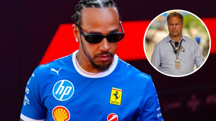 Lewis Hamilton of Ferrari walks in the F1 paddock; inset of Ted Kravitz