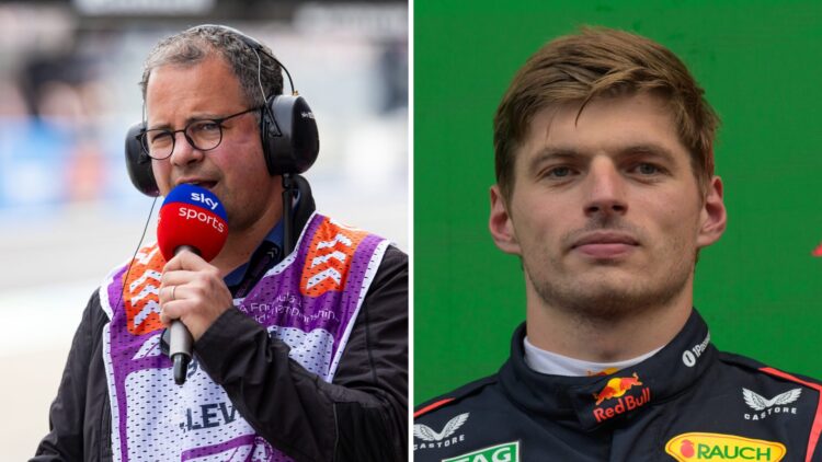 Ted Kravitz speaks in the F1 pitlane (L); Max Verstappen of Red Bull stands on the podium (R)