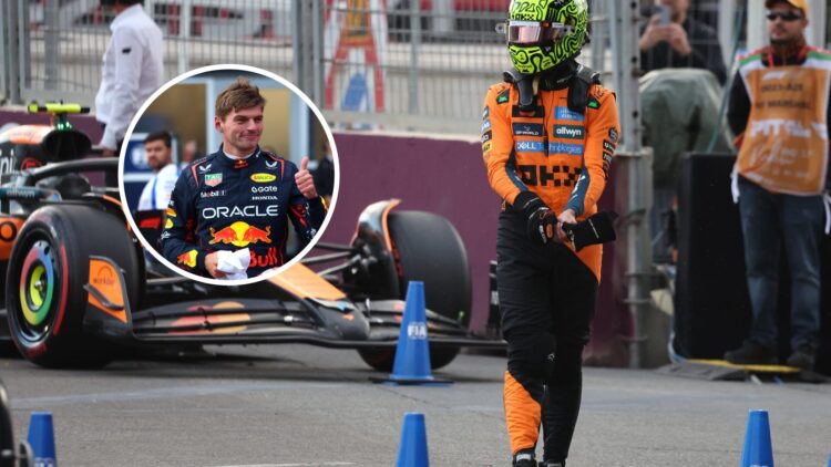 Lando Norris exits his car after qualifying for the Azerbaijan Grand Prix, with Max Verstappen smiling after taking pole position at Baku.