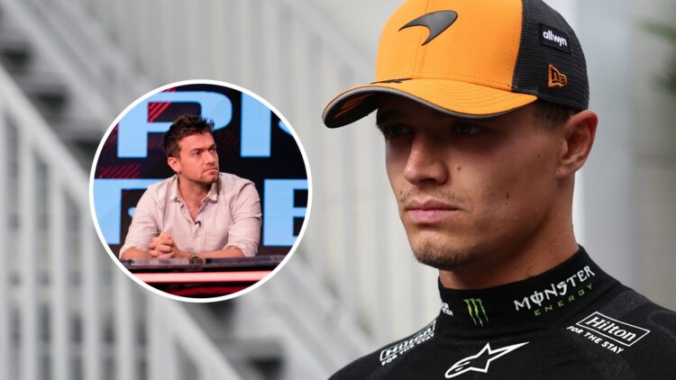 McLaren driver Lando Norris with his cap over his face at the 2025 Formula 1 Azerbaijan Grand Prix, inset, Jolyon Palmer sitting at a desk