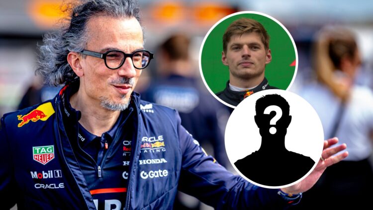 Red Bull Racing team principal Laurent Mekies at the 2025 Formula 1 Dutch Grand Prix, inset, Max Verstappen
