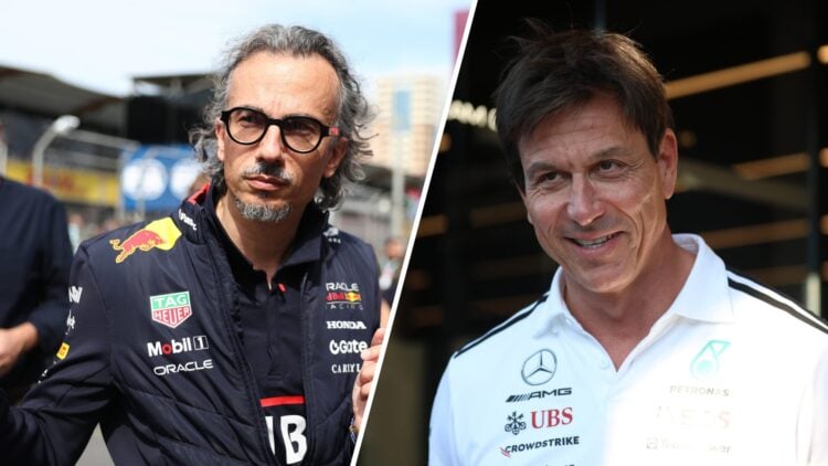 Laurent Mekies of Red Bull Racing and Toto Wolff of Mercedes during the 2025 Formula 1 season