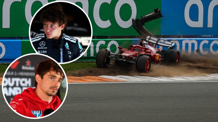 Charles Leclerc crashes his Ferrari SF-25 at the 2025 Dutch Grand Prix, insets Kimi Antonelli and Charles Leclerc