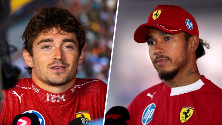Split image of Ferrari drivers Charles Leclerc (L) and Lewis Hamilton (R) speaking to the media at the 2025 Dutch Grand Prix