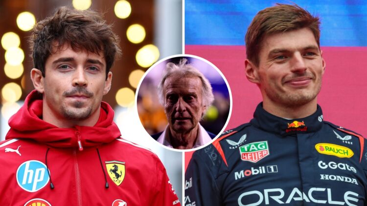 Red Bull's Max Verstappen celebrates on the podium after winning the 2025 F1 Azerbaijan Grand Prix and Ferrari driver Charles Leclerc arrives in th...