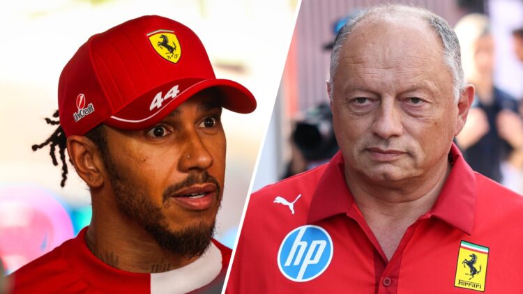 Lewis Hamilton speaking to the media after qualifying at the Azerbaijan Grand Prix, with Fred Vasseur walking through the F1 paddock at the Italian...