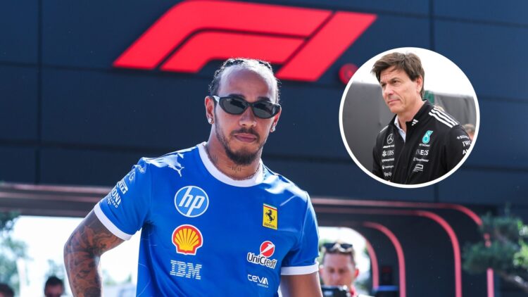 Lewis Hamilton arriving in the Italian Grand Prix paddock in Ferrari team gear with Toto Wolff walking through the British Grand Prix paddock