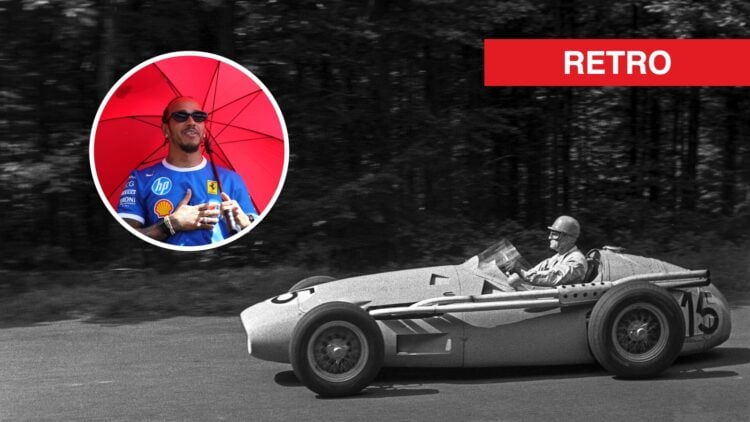 Louis Rosier racing through the trees at the 1956 German Grand Prix, inset, Ferrari driver Lewis Hamilton with his hand on his heart, holding an um...