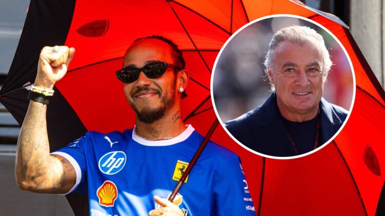 Ferrari driver Lewis Hamilton with his fist up to the crowd holding an umbrella at the 2025 Formula 1 Italian Grand Prix, inset, Jean Alesi smiling...