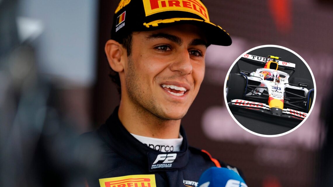 Red Bull junior Arvid Lindblad speaks in a Formula 2 interview; inset of the Racing Bulls F1 car